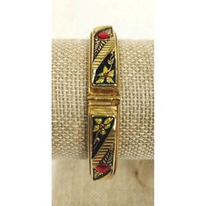 VTG Spanish Damascene Gold Tone Bracelet  Flowers & Red Faux Rubies etched